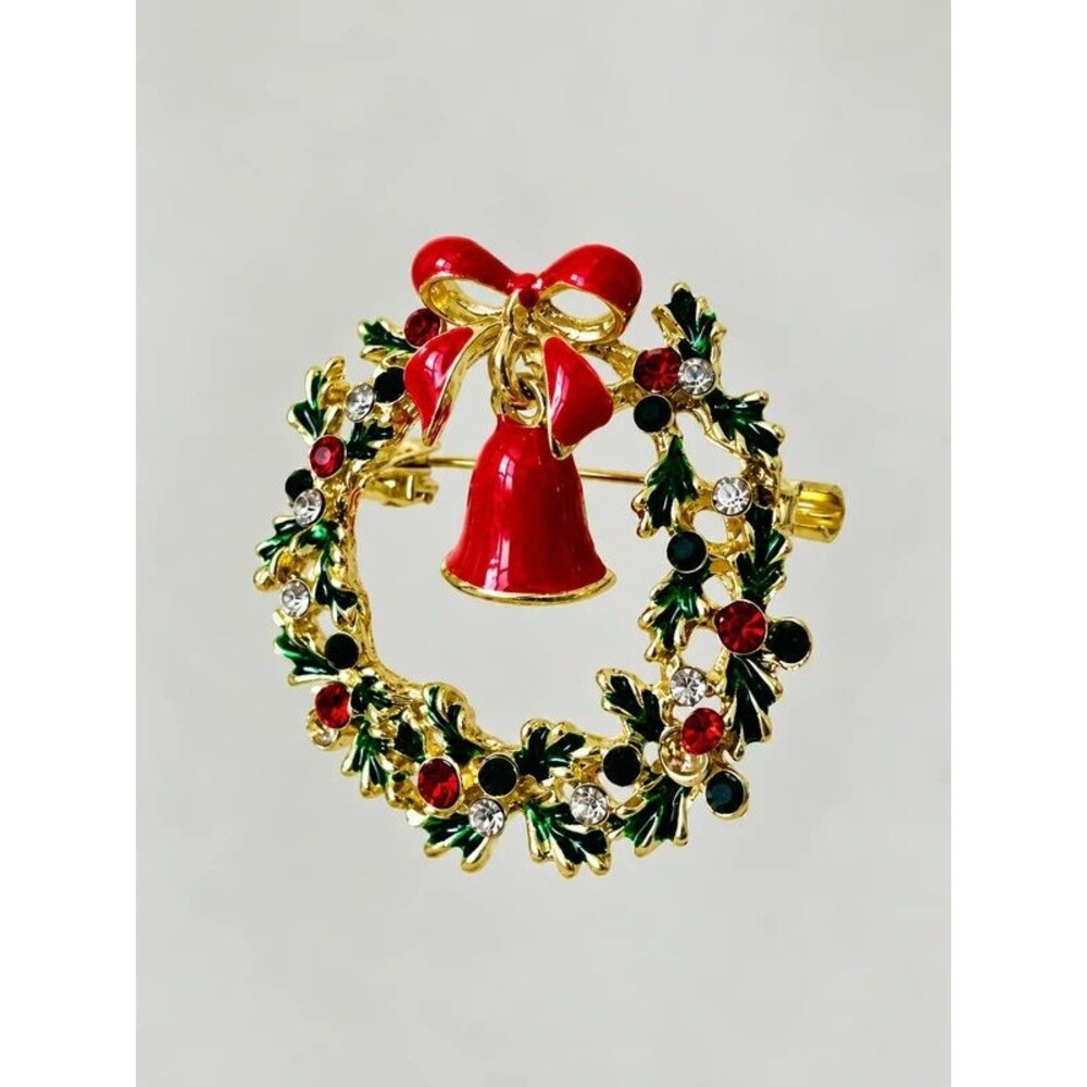 Christmas Brooch Pin with Wreath Bells Holiday Jewelry